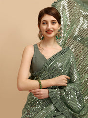 Green Embellished Sequinned Georgette Saree - Inddus.com