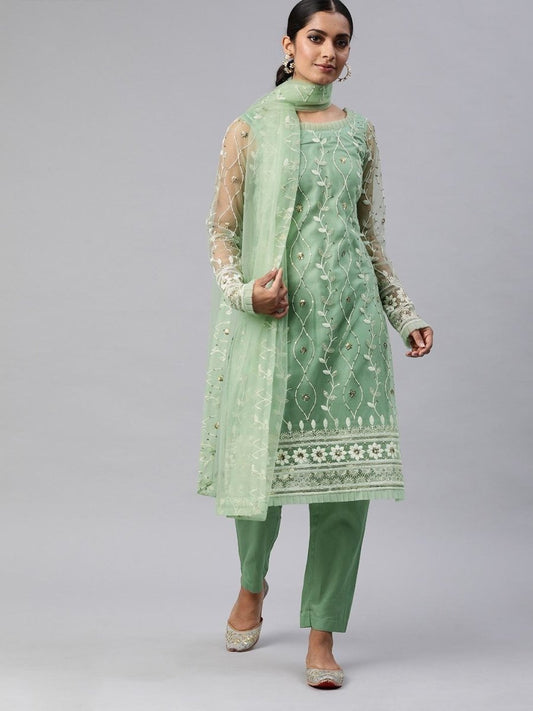 green Embroidered Kurta Set with Dupatta - Inddus.com