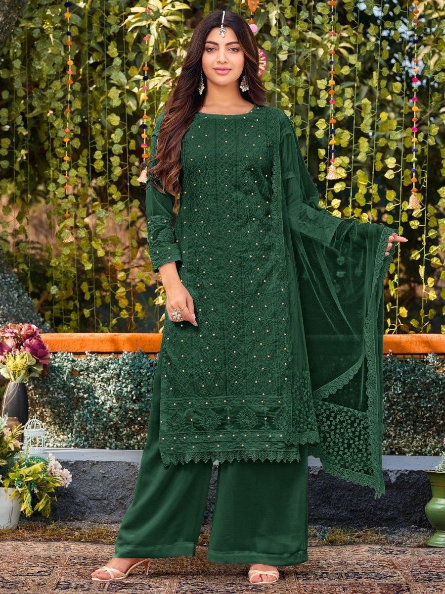 Green Embroidered Partywear Palazzo Suit - Inddus.com