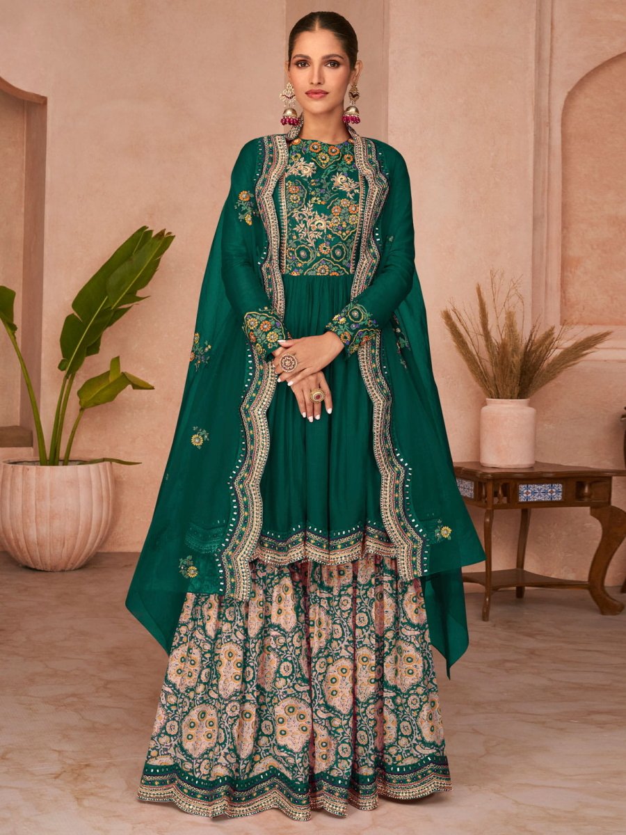 Green Embroidered Partywear Sharara-Style-Suit - Inddus.com
