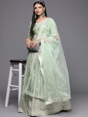 Green Embroidered Semi-Stitched Lehenga & Unstitched Blouse With Dupatta - Inddus.com