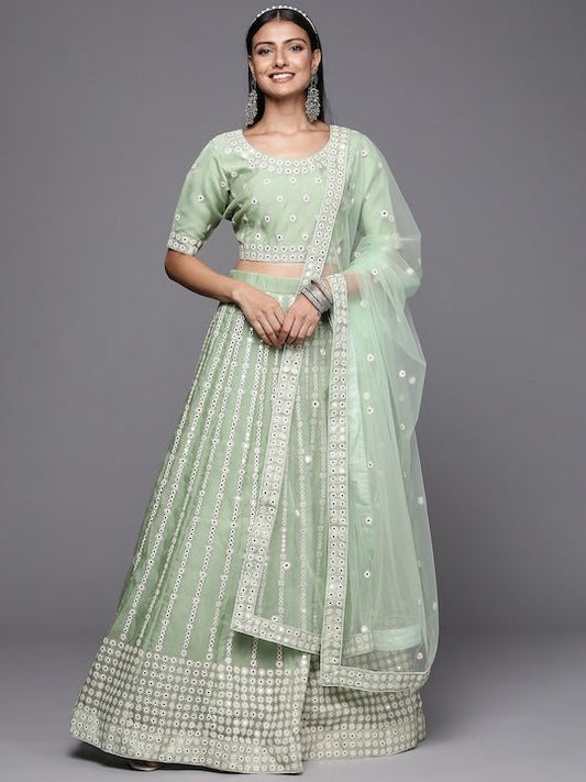Green Embroidered Semi-Stitched Lehenga & Unstitched Blouse With Dupatta - Inddus.com
