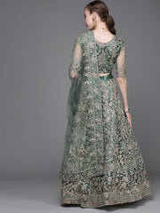 Green Embroidered Semi-Stitched Lehenga with Unstitched Blouse & Dupatta - Inddus.com