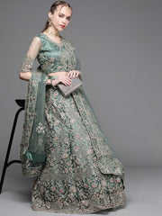 Green Embroidered Semi-Stitched Lehenga with Unstitched Blouse & Dupatta - Inddus.com
