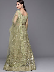 Green Embroidered Semistitched Lehenga with Blouse and Net Embroidered Dupatta - inddus-us
