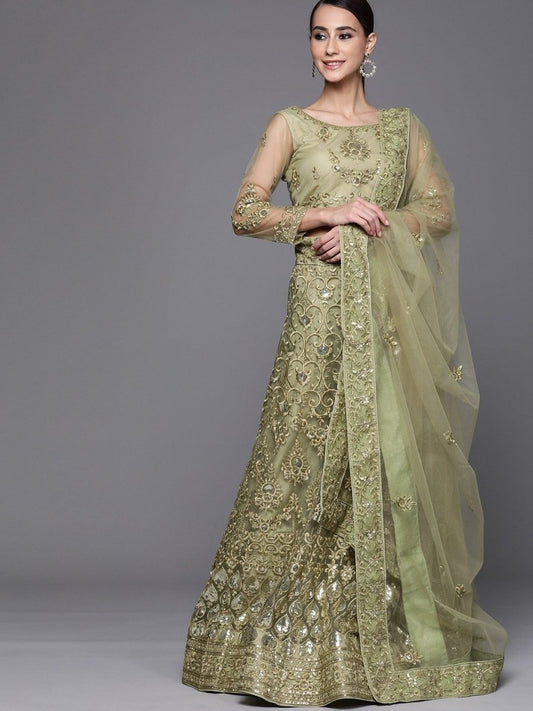 Green Embroidered Semistitched Lehenga with Blouse and Net Embroidered Dupatta - inddus-us