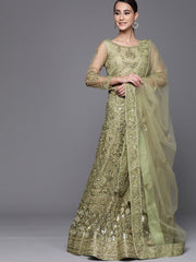 Green Embroidered Semistitched Lehenga with Blouse and Net Embroidered Dupatta - inddus-us