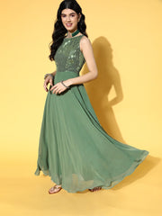 Green Embroidered Sequins Georgette Kurta with Net Dupatta - Inddus.com
