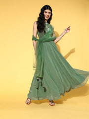 Green Embroidered Sequins Georgette Kurta with Net Dupatta - Inddus.com