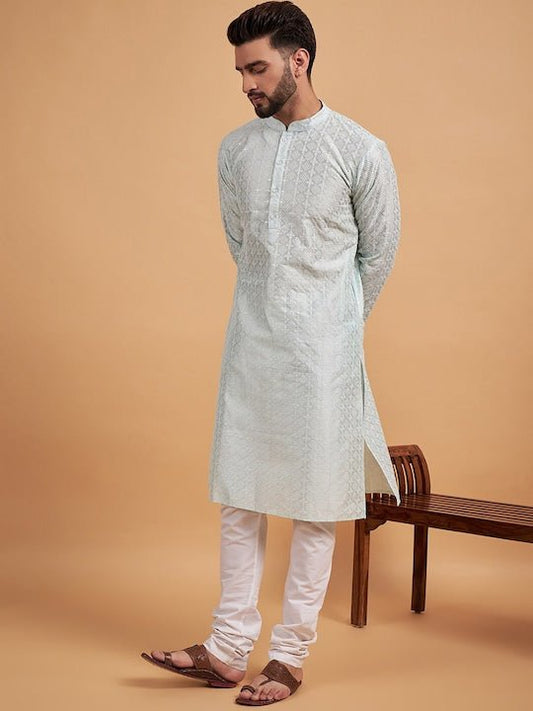 Green Ethnic Motif Embroidered Chikankari Straight Kurta - Inddus.com