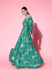 Green Floral Digital Print Gown with Belt - Inddus.com