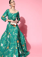 Green Floral Digital Print Gown with Belt - Inddus.com