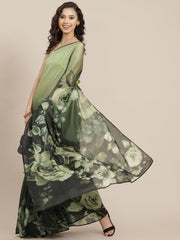 Green Floral Digital Print Saree - inddus-us