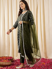 Green Floral Embroidered Kurta & Trousers With Dupatta - Inddus.com
