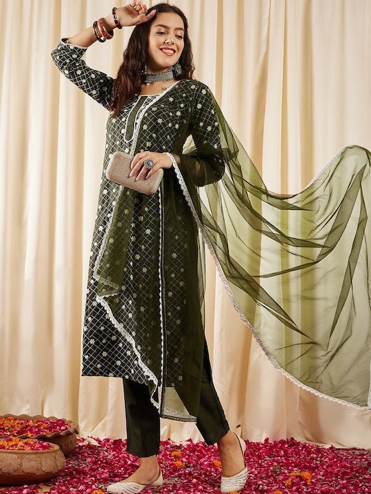Green Floral Embroidered Kurta & Trousers With Dupatta - Inddus.com