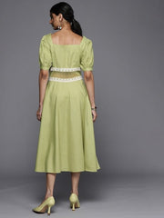 Green Floral Embroidered Lace Midi Dress - Inddus.com