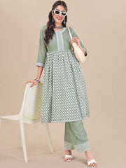 Green Floral Embroidered Pure Cotton A-Line Kurta with Palazzos - Inddus.com