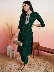 Green Floral Embroidered Regular Thread Work Kurta With Trousers - Inddus.com