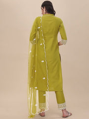 Green Floral Embroidered Thread Work Straight Kurta & Trousers With Dupatta - Inddus.com