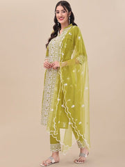 Green Floral Embroidered Thread Work Straight Kurta & Trousers With Dupatta - Inddus.com