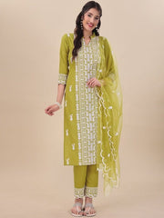 Green Floral Embroidered Thread Work Straight Kurta & Trousers With Dupatta - Inddus.com