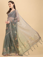 Green Floral Print Organza Saree - Inddus.com