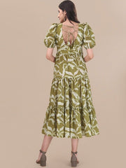 Green Floral Printed Fit And Flare Puff Sleeves Tiered Ethnic Dresses - Inddus.com