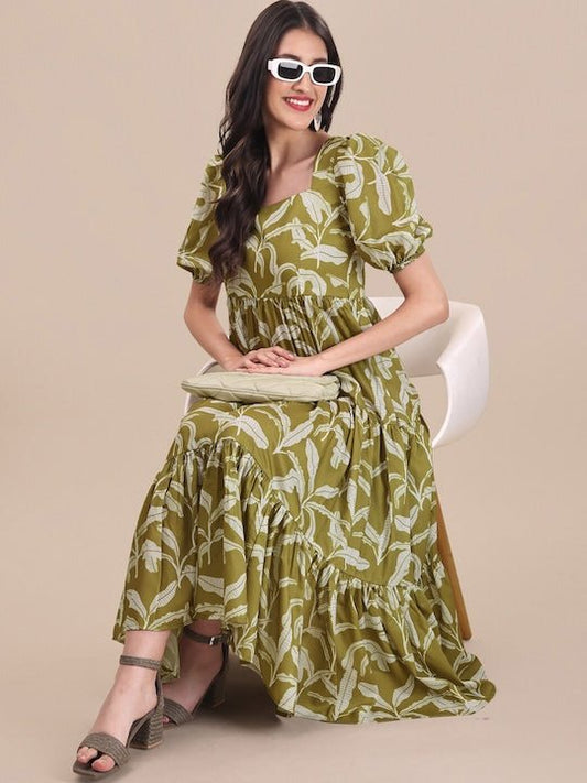 Green Floral Printed Fit And Flare Puff Sleeves Tiered Ethnic Dresses - Inddus.com