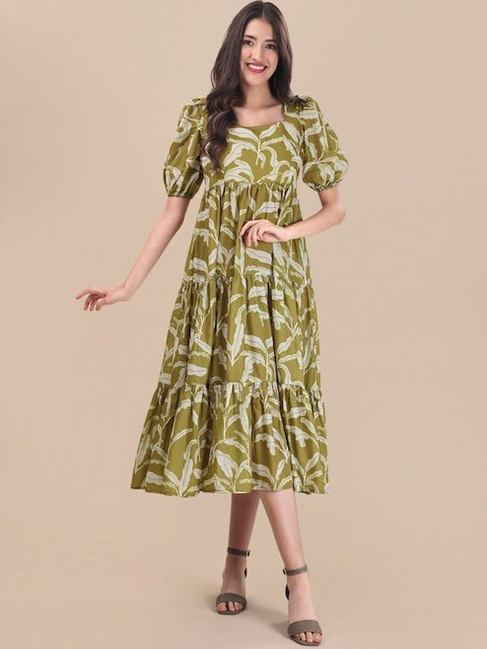 Green Floral Printed Fit And Flare Puff Sleeves Tiered Ethnic Dresses - Inddus.com