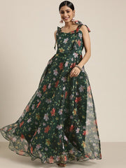 Green Floral Printed Fit and Flared Organza Gown - Inddus.com