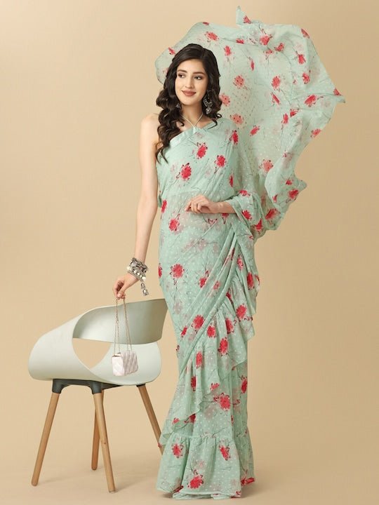 Green Floral Printed Ruffle Saree - Inddus.com