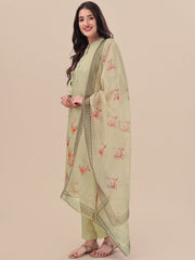 Green Floral Printed Sequin Detail Straight Kurta & Trousers With Dupatta - Inddus.com