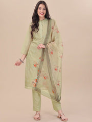 Green Floral Printed Sequin Detail Straight Kurta & Trousers With Dupatta - Inddus.com