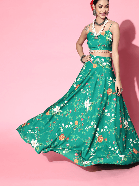 Green Floral Printed Skirt with Top - Inddus.com