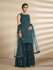 Green Georgette Designer Sharara Suit - Inddus.com