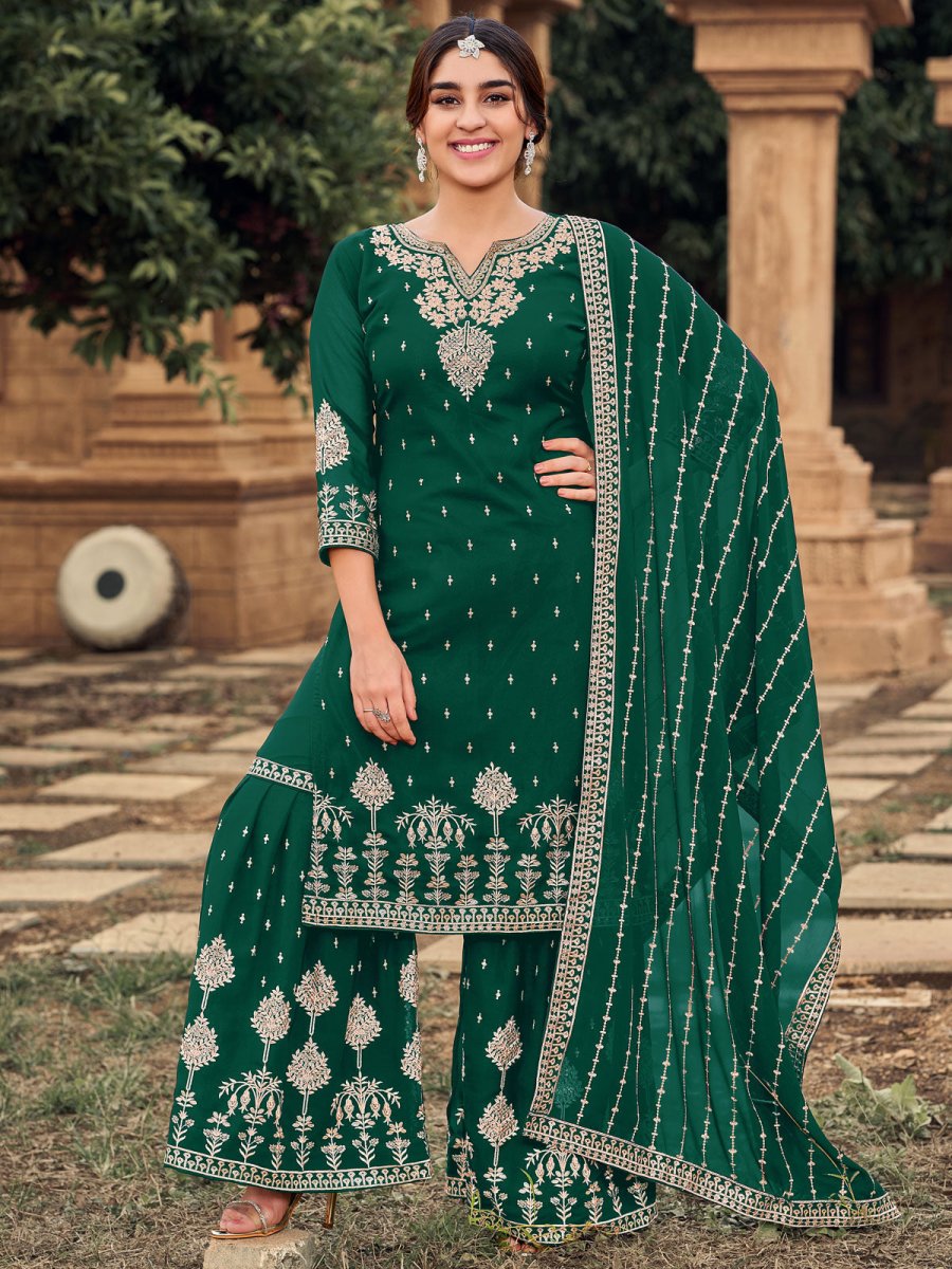 Green Georgette Embroidered Partywear Palazzo Suit - Inddus.com