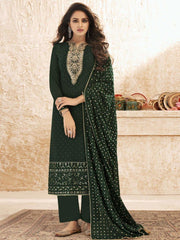 Green Georgette Embroidered Straight Cut Suit - inddus-us