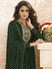 Green Georgette Embroidered Straight Cut Suit - inddus-us