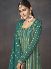 Green Georgette Festive Wear Sharara Suit - Inddus.com