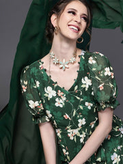 Green Georgette Floral Gown - Inddus.com