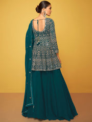 Green Georgette Partywear Embroidered Lehenga Suit - Inddus.com