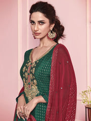 Green Georgette Partywear Embroidered Straight Cut Suit - inddus-us