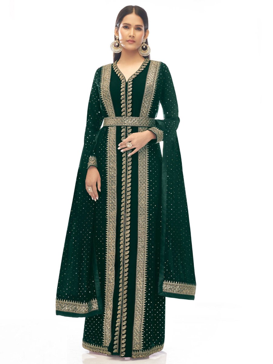 Green Georgette Partywear High Slit Style Suit with Pant - Inddus.com