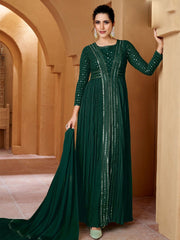 Green Georgette Partywear High-Slit-Style-Suit with Pant - Inddus.com