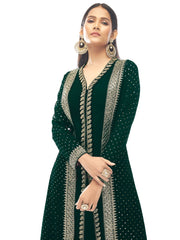 Green Georgette Partywear High Slit Style Suit with Pant - Inddus.com