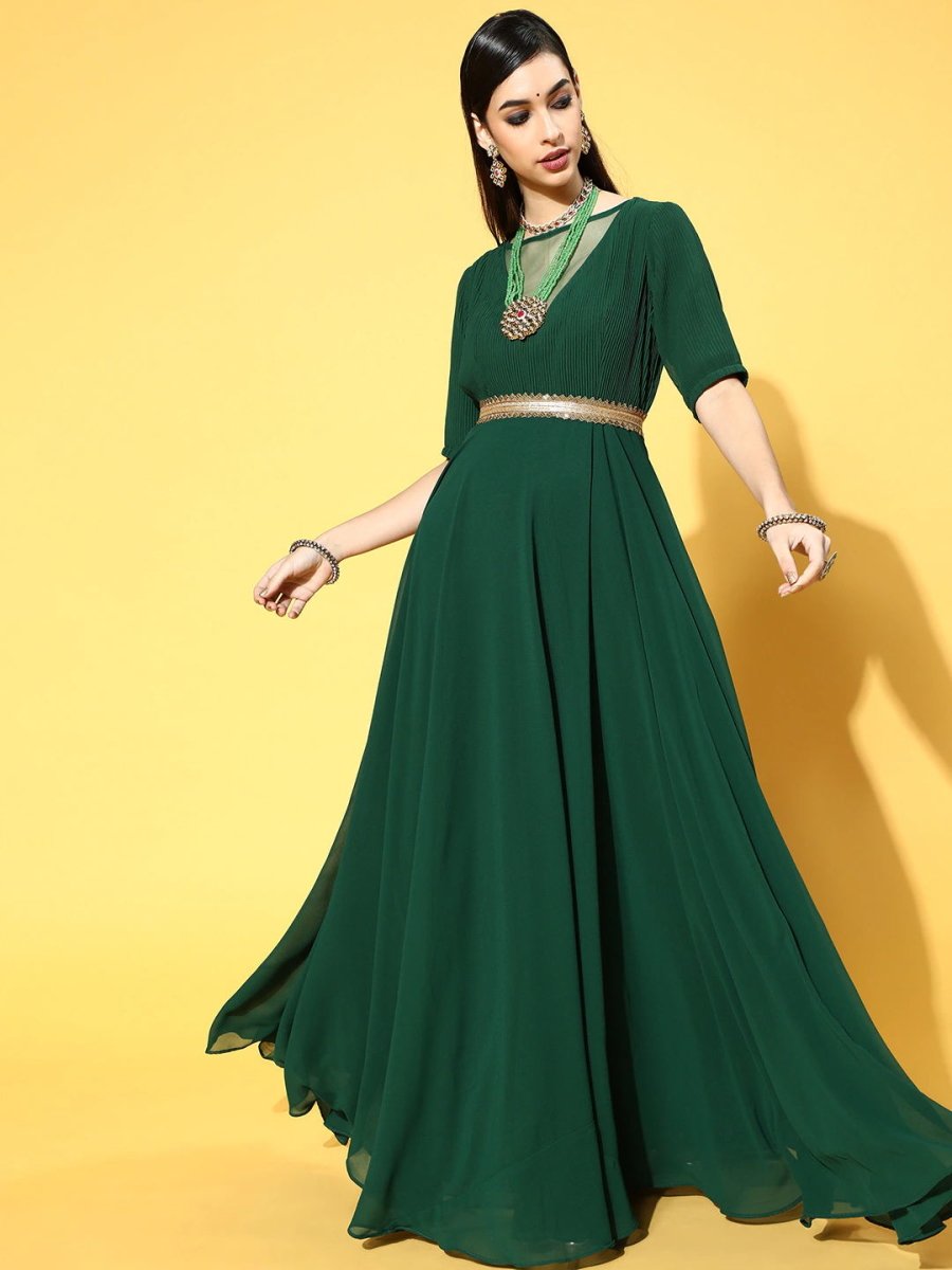 Green Georgette Partywear Self Design Dresses - Inddus.com