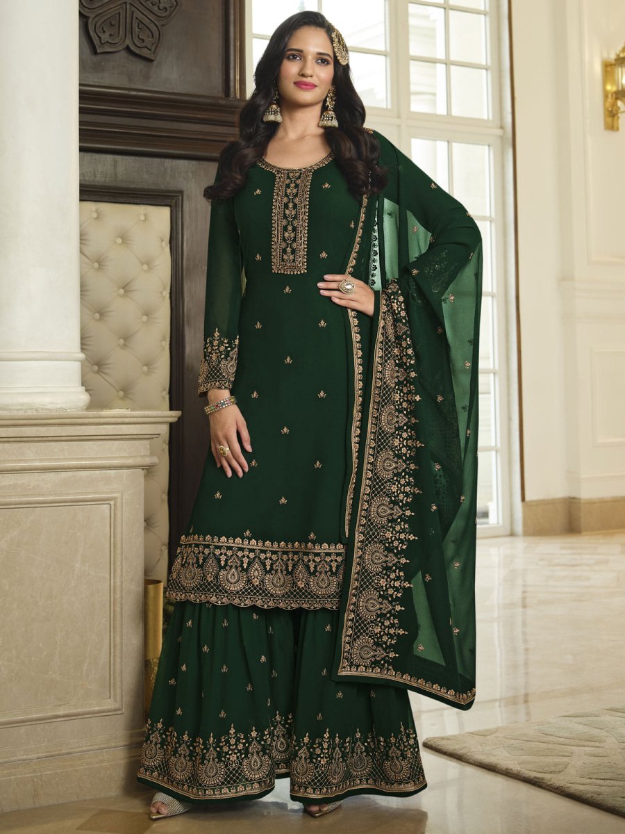 Green Georgette Partywear Sharara-Style-Suit - Inddus.com