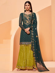 Green Georgette Partywear Sharara Suit - Inddus.com
