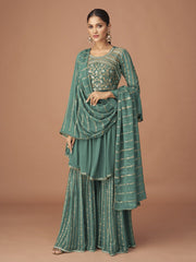 Green Georgette Wedding Sharara Suit - Inddus.com