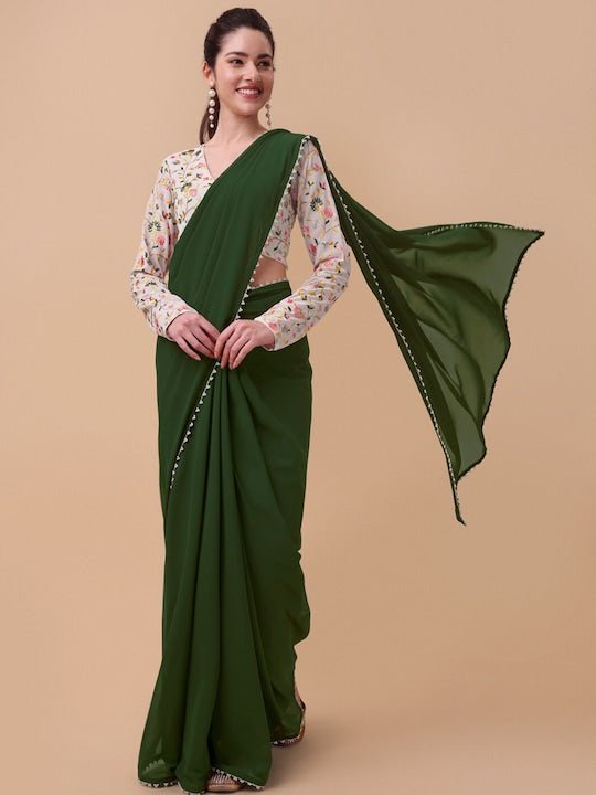 Green & Gold-Toned Embroidered Saree - Inddus.com